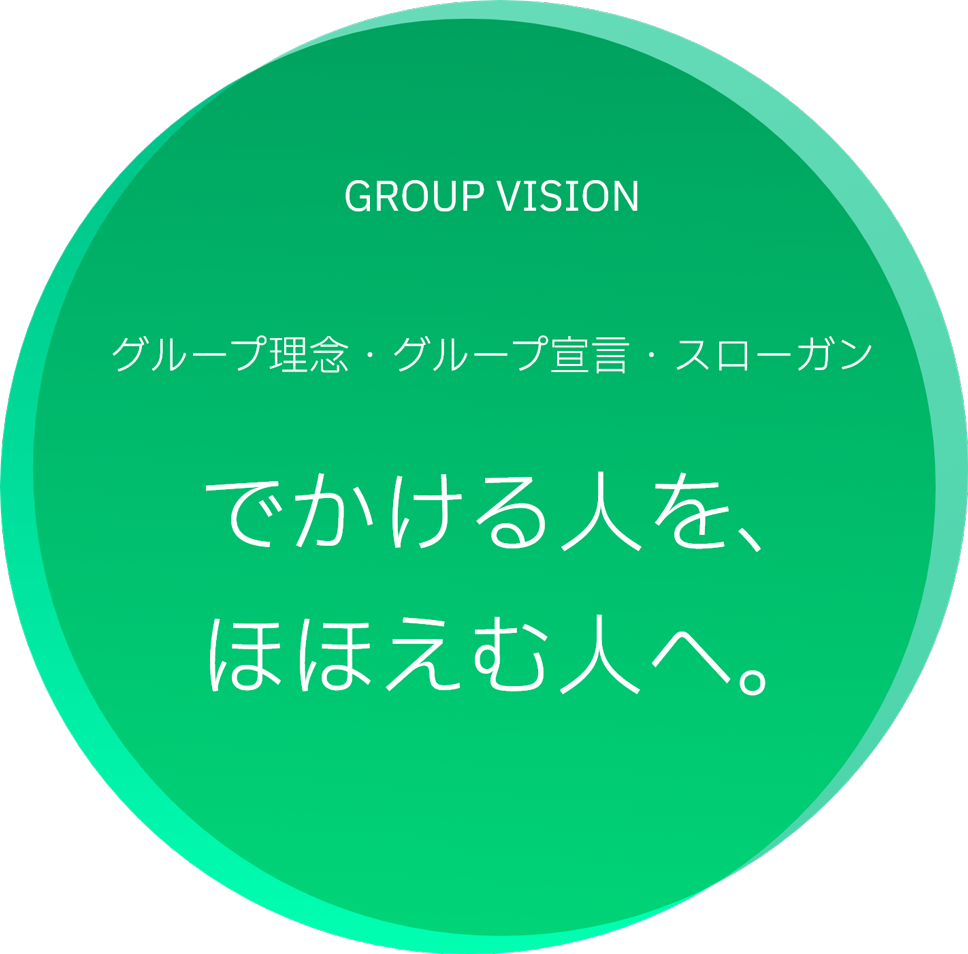 GROUP VISION グループ理念・グループ宣言・スローガン でかける人を、ほほえむ人へ。